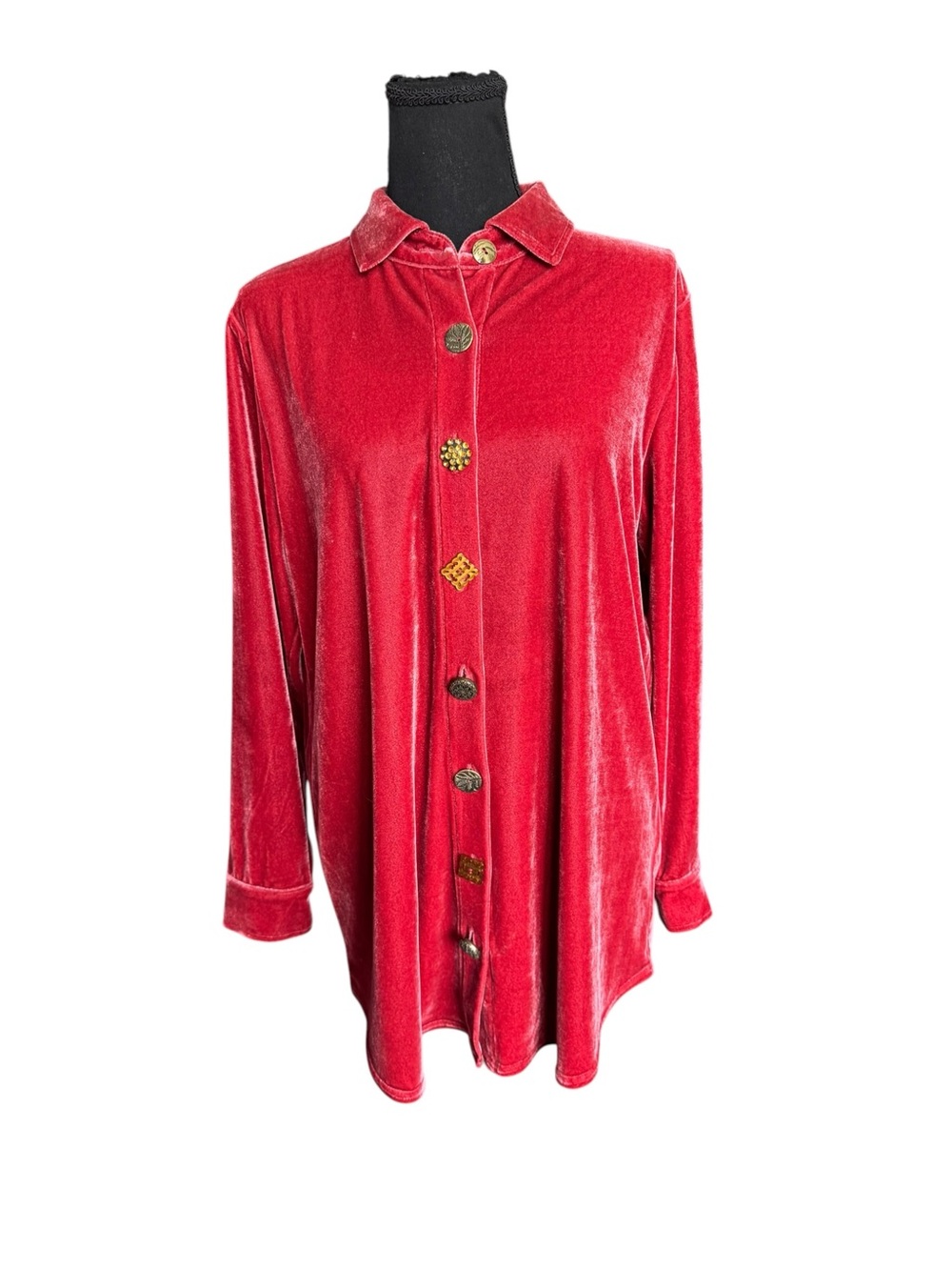 Soft Surroundings Red Velvet Button Front Tunic Shirt Small Boho Holiday - Picture 2 of 8